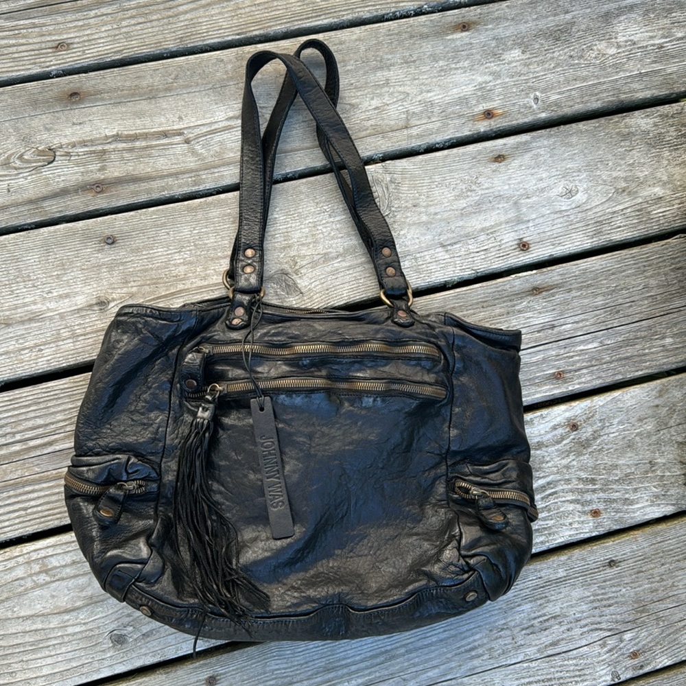 Johnny Was black leather shoulder bag with tassel